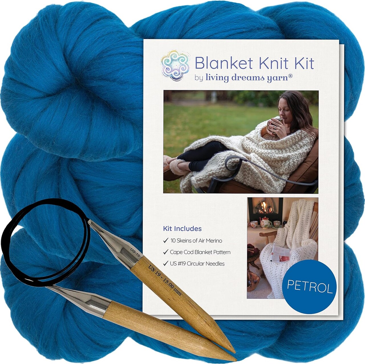 DIY Merino Wool Blanket Knitting Kit: Soft and Thick #7 Weight Jumbo Yarn, Knitting Needles and Pattern. Soft, Cozy, Great for Gifts